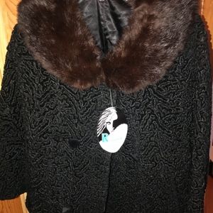 Vintage Black Curly Lambswool Swing Coat with Fur